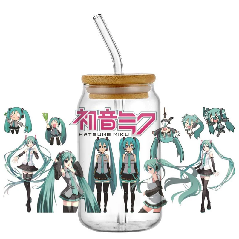 Фото Наклейки для стаканов Hatsune Miku UV DTF, 16 унций, самоклеящиеся, моющиеся, для стеклянных бутылок, DIY, прочные, для автомобиля №5