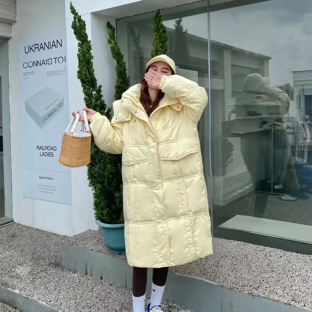 

Пуховик женский средней длины, новинка зимы 2022, свободное модное утепленное пальто на белом утином пуху с длинными рукавами