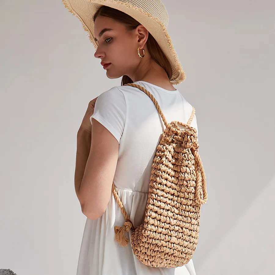 

Женский Плетеный пляжный рюкзак ручной работы, летние плетеные дорожные сумки из рафии на шнурке, женские рюкзаки с Бали