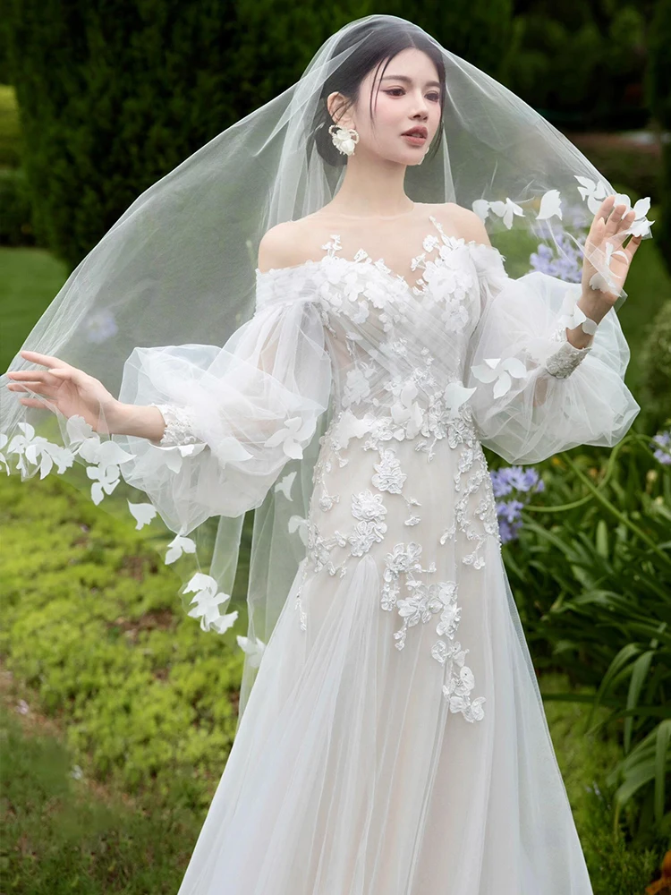 French sle off-Shoulder Light Wedding Dress Mori look Immortal High-Grade Lace Long sleeve Welcome Formal Bri...