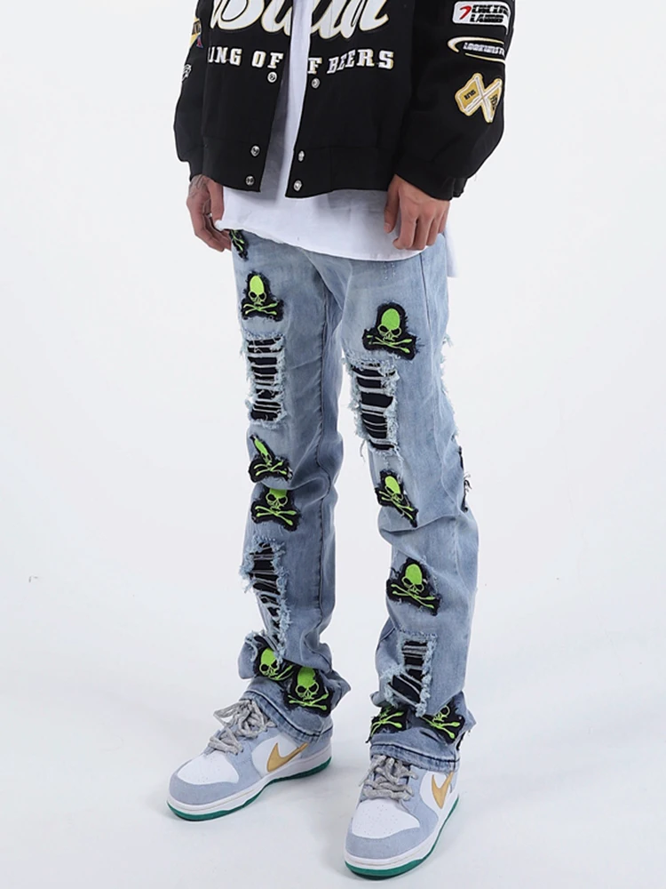 Four Seasons Men's Retro High Street Trend Embroidered Men Blue Jeans Straight Slim Fit Unisex Trousers Streetwear Ins Hot Sale