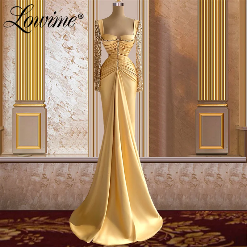 

Lowime Gold Glitter Long Mermaid Evening Gowns 2022 Customized Plus Size Party Dress Robes De Soiree Long Sleeves Prom Dresses