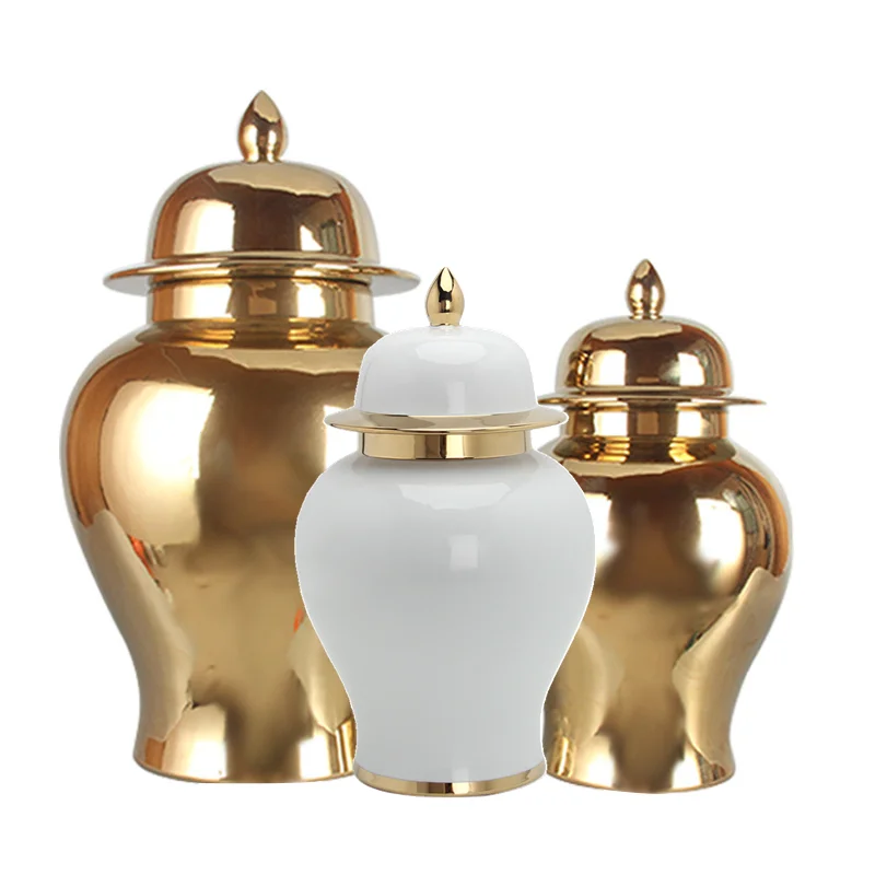 

Ceramic Golden Potbellied General Jar Porcelain Ginger Jar Craft Decorative Jars Airtight Tea Tin Vase with Lid Home Decoration