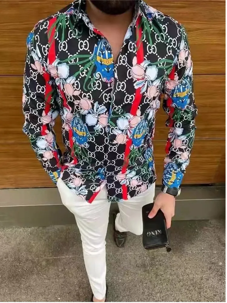 

Autumn Men Hawaiian Shirt Male Casual Fashion Letter Print Beach Shirts Men's Clothing High-End Long Sleeve Dress Shirt Cardigan
