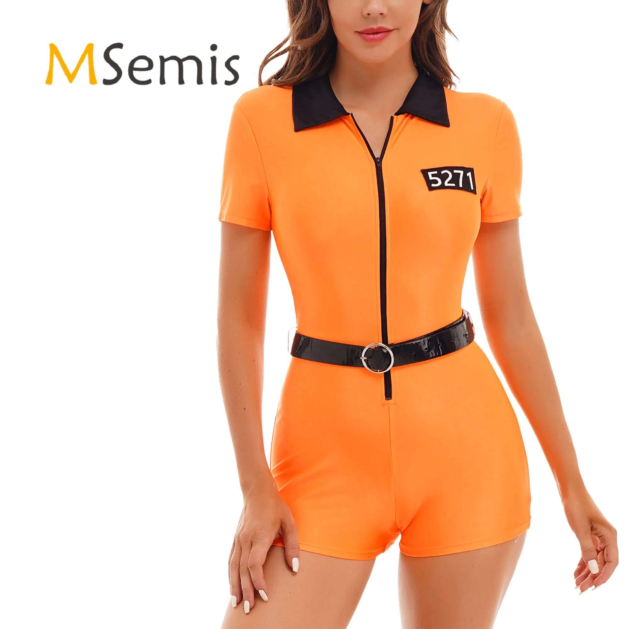 

Orange Women Prisoner Cosplay Uniform Role Play Costume Fancy Ball Halloween Party Outfit Zipper Short Sleeve Jumpsuit with Belt