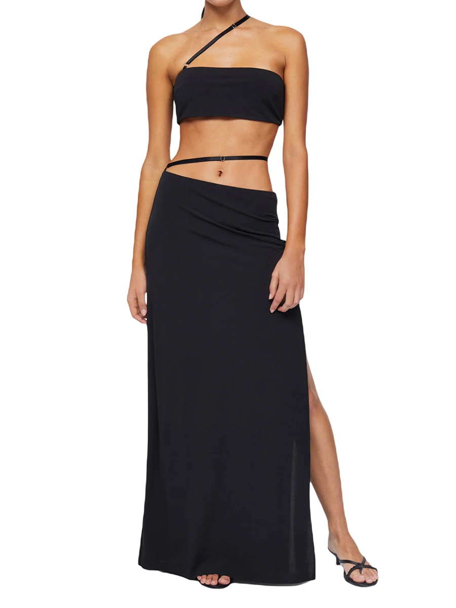 

Женский цветочный Комплект Y2K с длинной юбкой, сексуальный комплект из двух предметов, кружевная сетчатая Макси-юбка, облегающая пляжная одежда из 2 предметов (M-Black S)