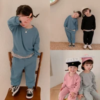 2022 fall kids clothes solid color waffle girls sets cotton casual boys suit hoodies and pants 2pcs korean children suit