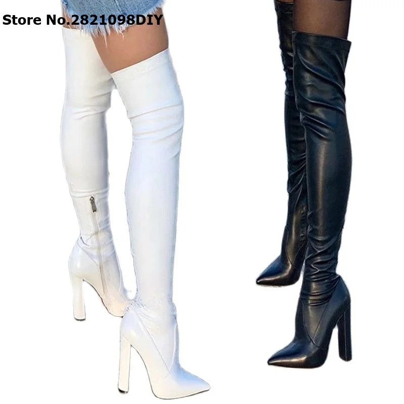 Fashion Stretch Matte Leather Long Boots Thick High Heel Pointed Toe Woman Pointed Toe Side Zipper Over The Knee Boots
