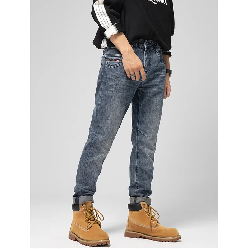 Men Clothing New Pattern Recreational Vintage Blue Jeans Straight Cylinder Self-cultivation Elastic Force Trousers Autumn Female