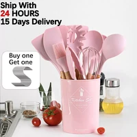 2022 pink cooking kitchenware tool silicone utensils with wooden multifunction handle non stick spatula ladle egg beaters shovel