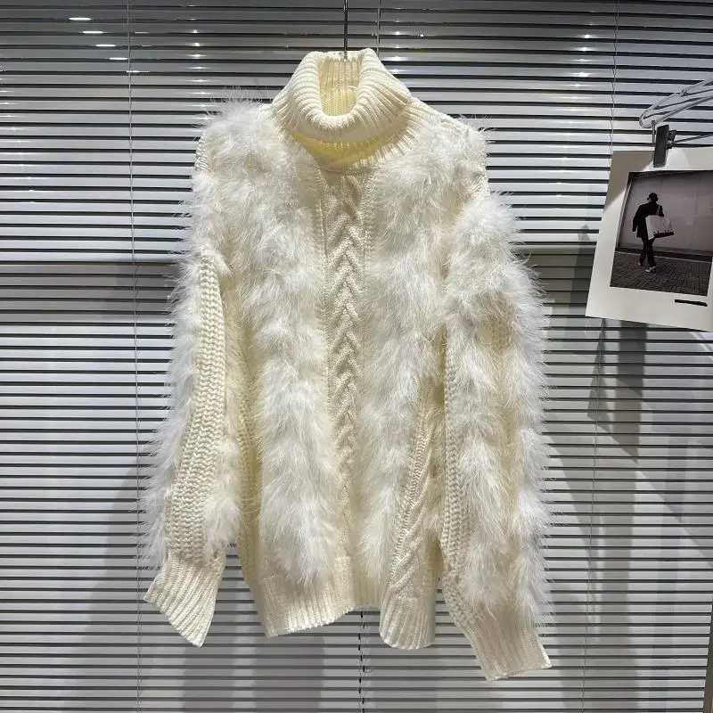 

2022 Winter New Fur Stitching Sweater High Collar Loose Knitted Sweaters for Women Pink Thick Warm Knitwear Woman Turtleneck Top