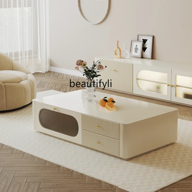 

Кофейный столик в кремовом стиле, шкафчик для телевизора из массива дерева, белая мебель для гостиной, каменная тарелка, чайный столик