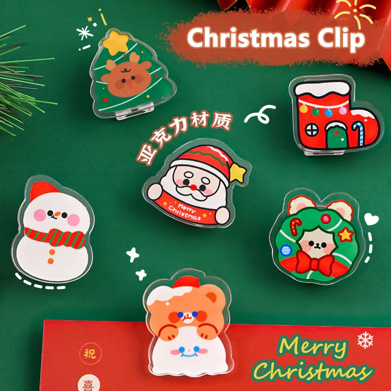 

6Pcs/Set Christmas Transparent Acrylic Clip Cartoon Paperclips Cute Binder Clips Notes Letter Paper Clip Office Supplies