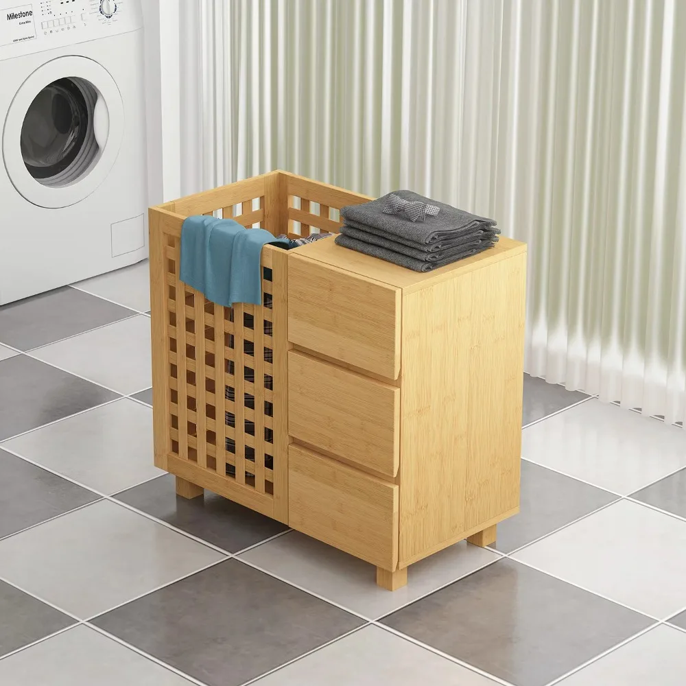 

Hommoo Bathroom Storage Organizer Cabinet, out Bamboo Laundry Hamper for Home , Bamboo Laundry Hamper Basket with Drawers, Natu