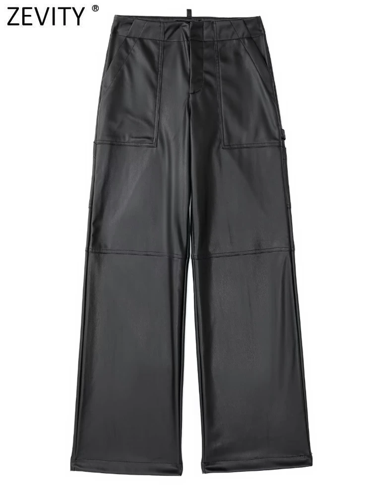 

Женские модные брюки-карго Zevity из искусственной кожи с передними карманами, винтажные женские длинные брюки на молнии с высокой талией, P2882