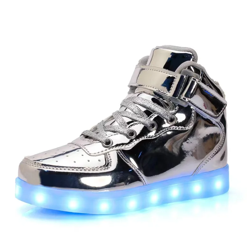 Fashion 10 Colors Kids Boys Girls Led USB Charging Glowing Sneakers Children Hook Loop Luminous Mirror Surface Shoes Size 25-46