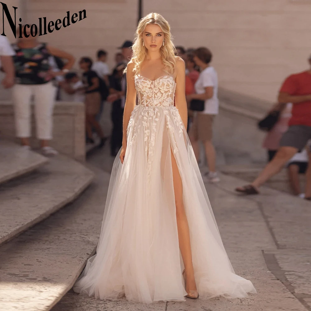 

Nicolle Modern Slit Wedding Dresses 2023 Bride Strapless Tulle Sleeveless Lace Appliques Court Train Vestidos De Novia Brautmode