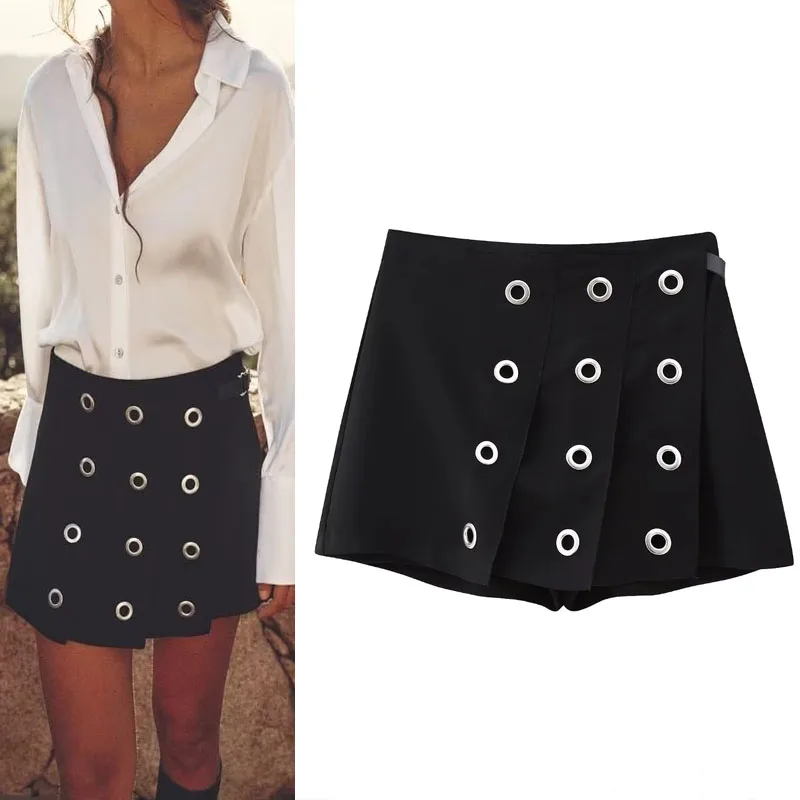 

TRAF Eyelets Mini Skort For Women 2023 Vintage Back Zip Pleated Skirt Shorts Woman Mid Waist Skorts Chic Black Skirts Streetwear