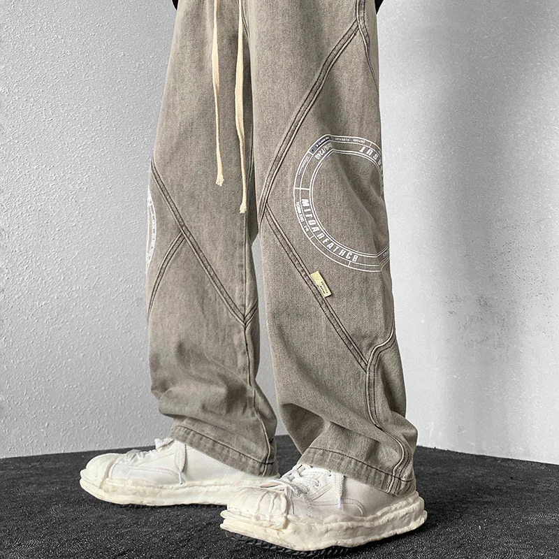 DEEPTOWN Loose Straight Jeans Men Streetwear Hip Hop Denim Pants Casual Black Blue Trousers Male Vintage Printed Korean Spring