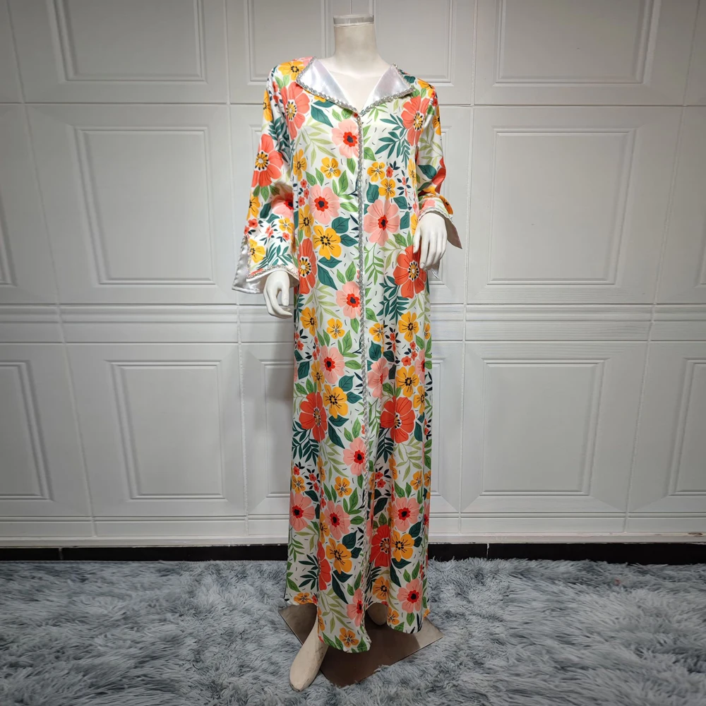 2023 Eid Mubarak Muslim Fashion Abaya For Women Floral Print Bohemian Kaftan Turkey Dress Long Sleeve Boubou Islamic Clothing