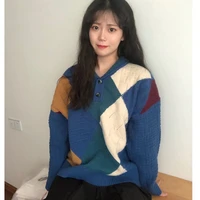 plus velvet warm top autumn and winter new style japanese retro stitching korean version of wild fashion trend casual sweater