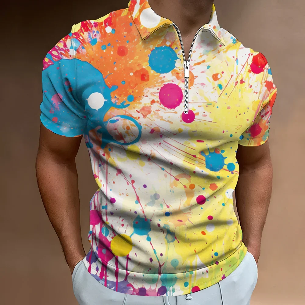 

Man Summer Zip Polo Shirts 3D Graffiti Printed Lapel Shirts Everyday Men's Casual Button Tops Oversized Slim Male Golf Clothing