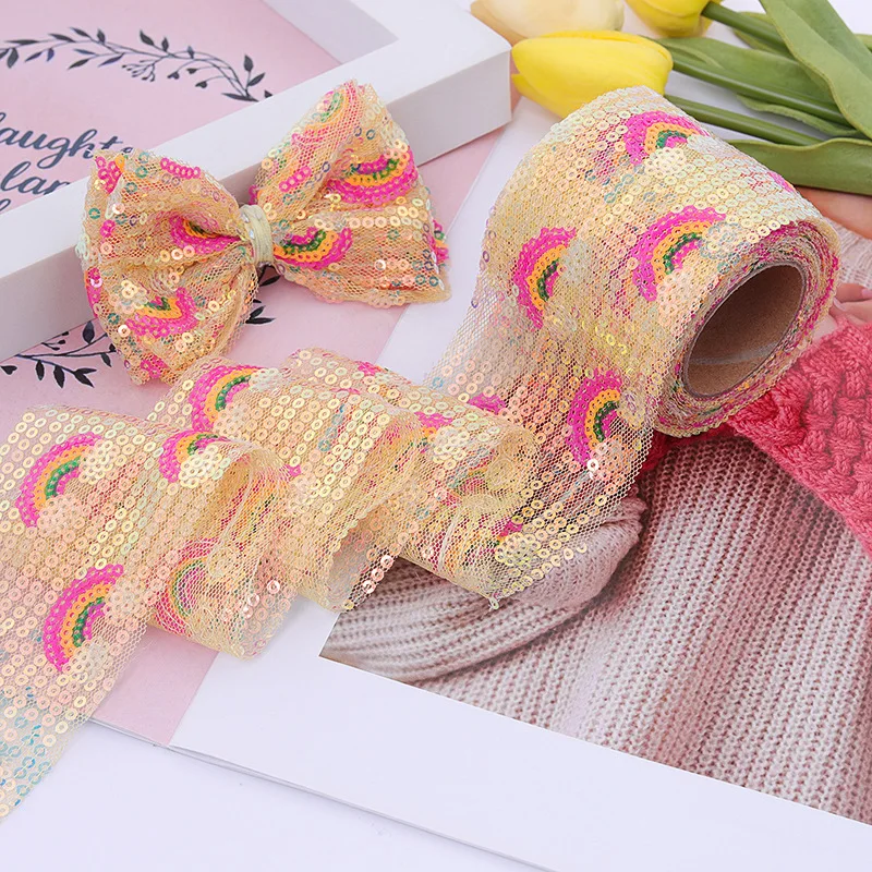 6/7.5/8/10/12cm Width 5m Ribbons for Crafts Rainbow Mesh Sequin Embroidery Kids  DIY Hair Bow Accessories Webbing Tape  Ribbon
