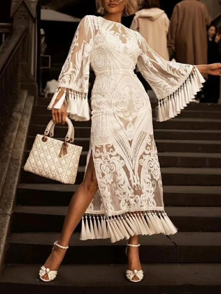Женское кружевное платье с длинным рукавом элегантное белое в стиле ретро