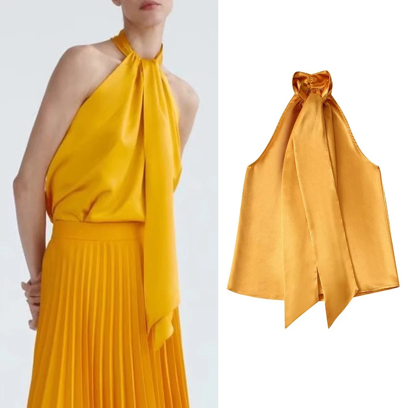 

2022 Summer Women Fashion Solid Color Bow Decoration Halter Top Versatile Sleeveless Halterneck Collar Female Top BB22643
