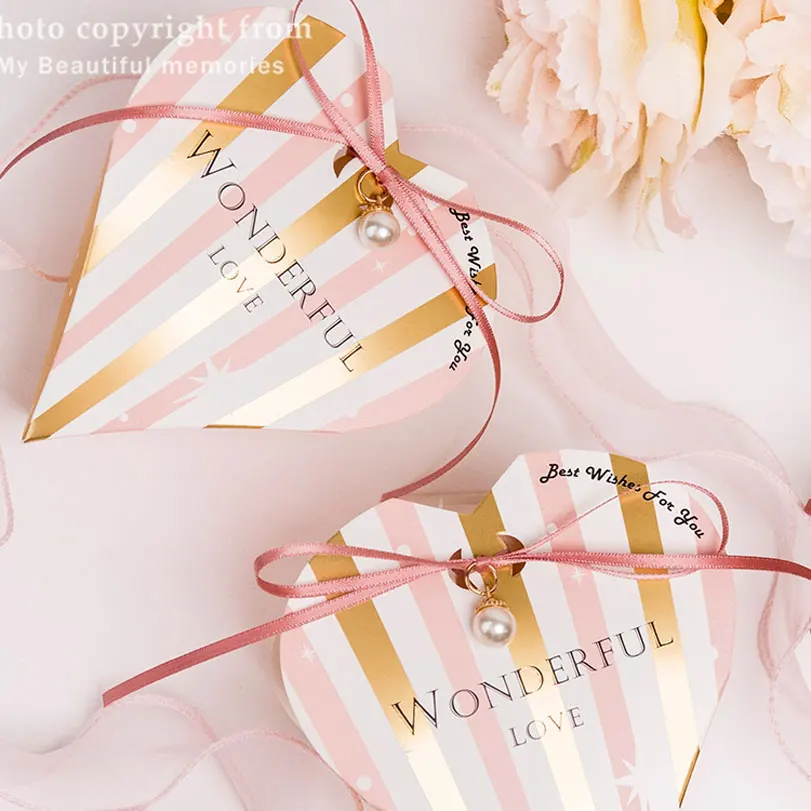 

New Creative Handmade Loves Heart Bronzing Box Gifts Candy Boxes With Ribbon Baby Shower Wedding Birthday Event Party Supplies