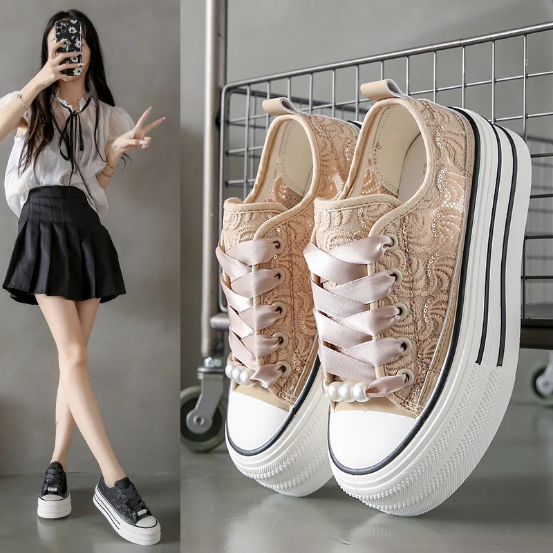 Кеды женские холщовые с блестками кроссовки на толстой подошве