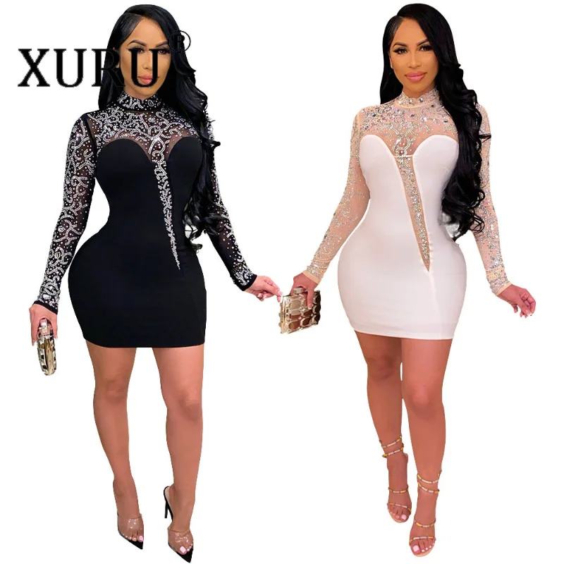 

XURU European and American New Women's Ironing Dress, Sexy Party Perspective Dress, Nightclub Women's White, Black Dress