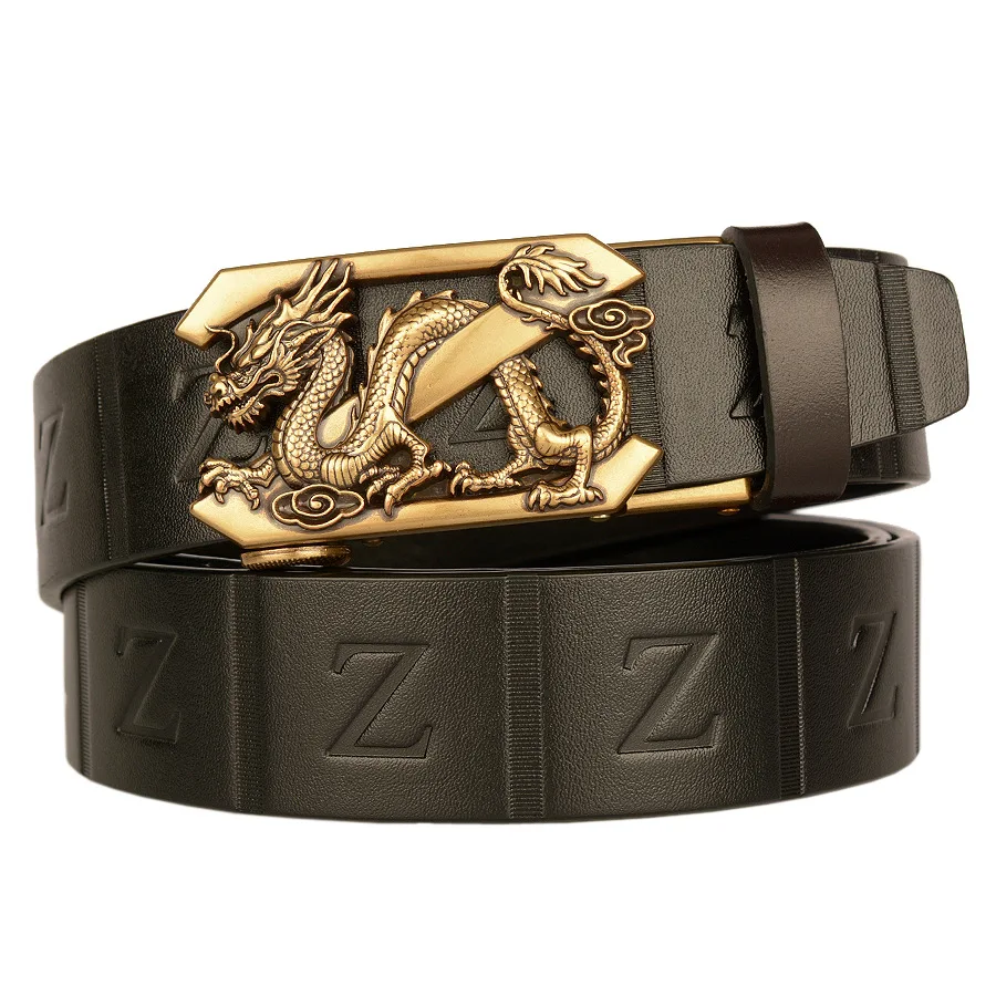 

Men High Quality Fashion Dragon Pattern Alloy Automatic Buckle Genuine Leather Belt Cowhide Leather Male Belts Luxury Waistband