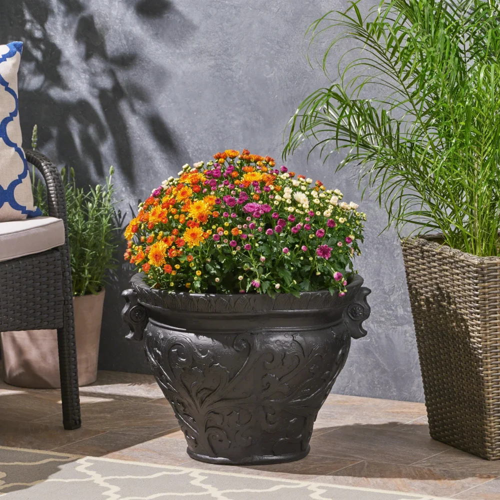 BOUSSAC Outdoor Botanical Light Weight Concrete Garden Urn Planter Pot, Black Balcony Decoration Charming and Distinctive