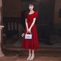 elegant womens dress wine red evening dress feminine style square collar which can be worn at ordinary times