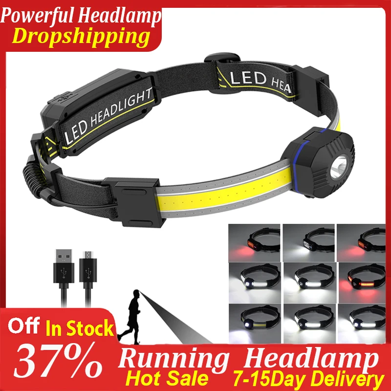 Налобный фонарь с COB матрицей водонепроницаемый со встроенным аккумулятором и