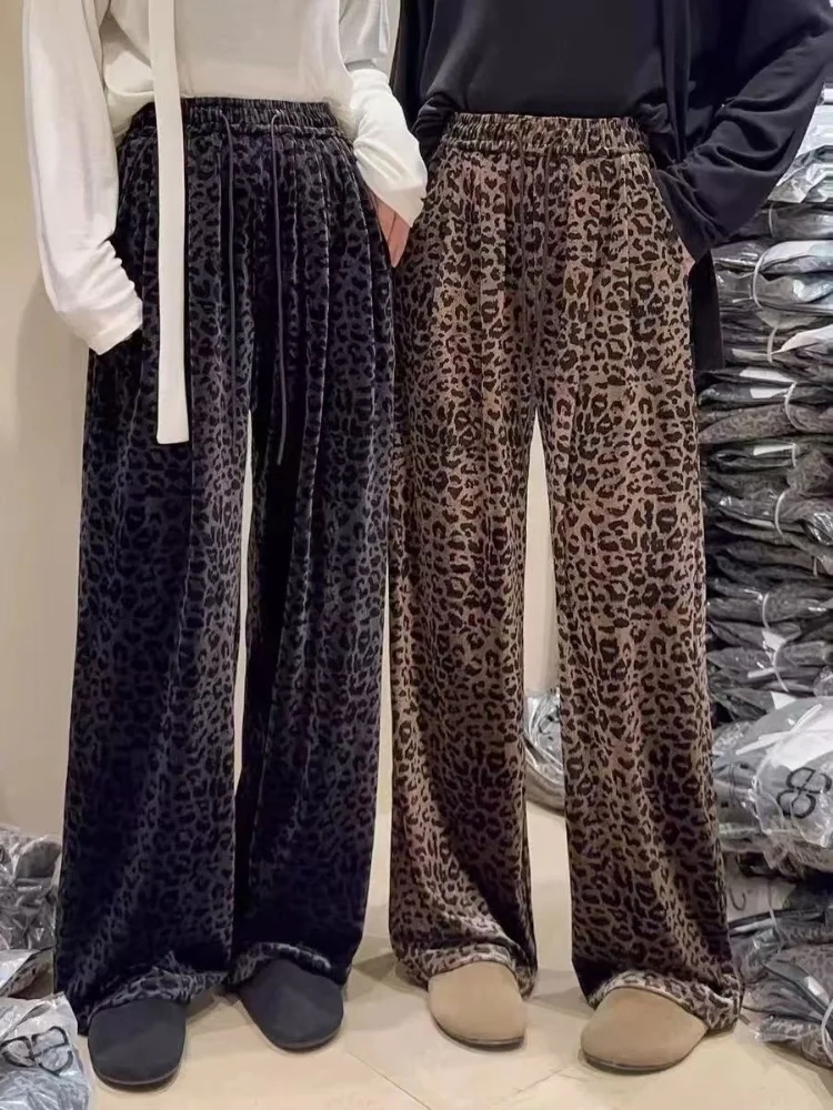 Женские прямые широкие брюки с леопардовым принтом в повседневном стиле