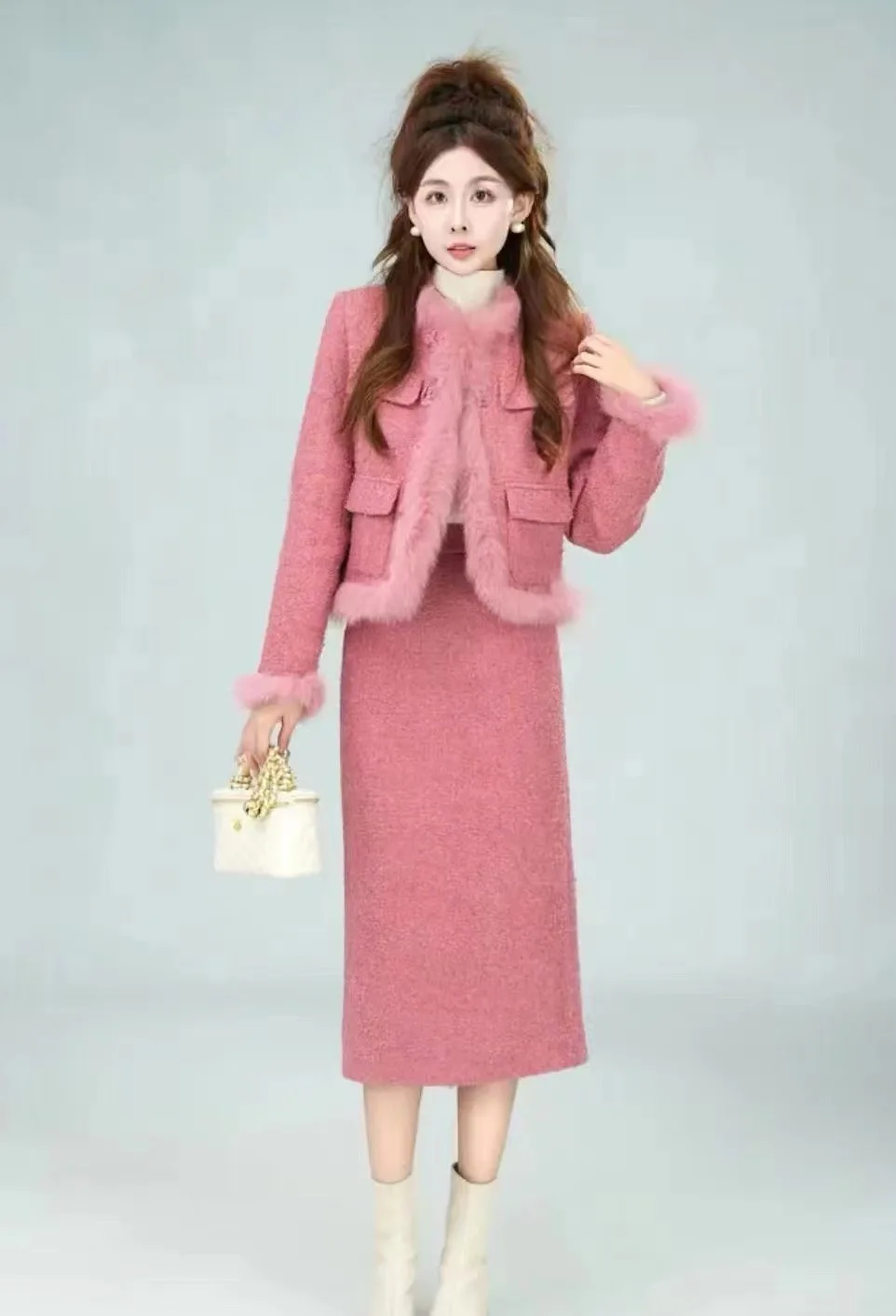 Элегантный твидовый комплект для женщин: Зимний Новый Модный укороченный жакет с