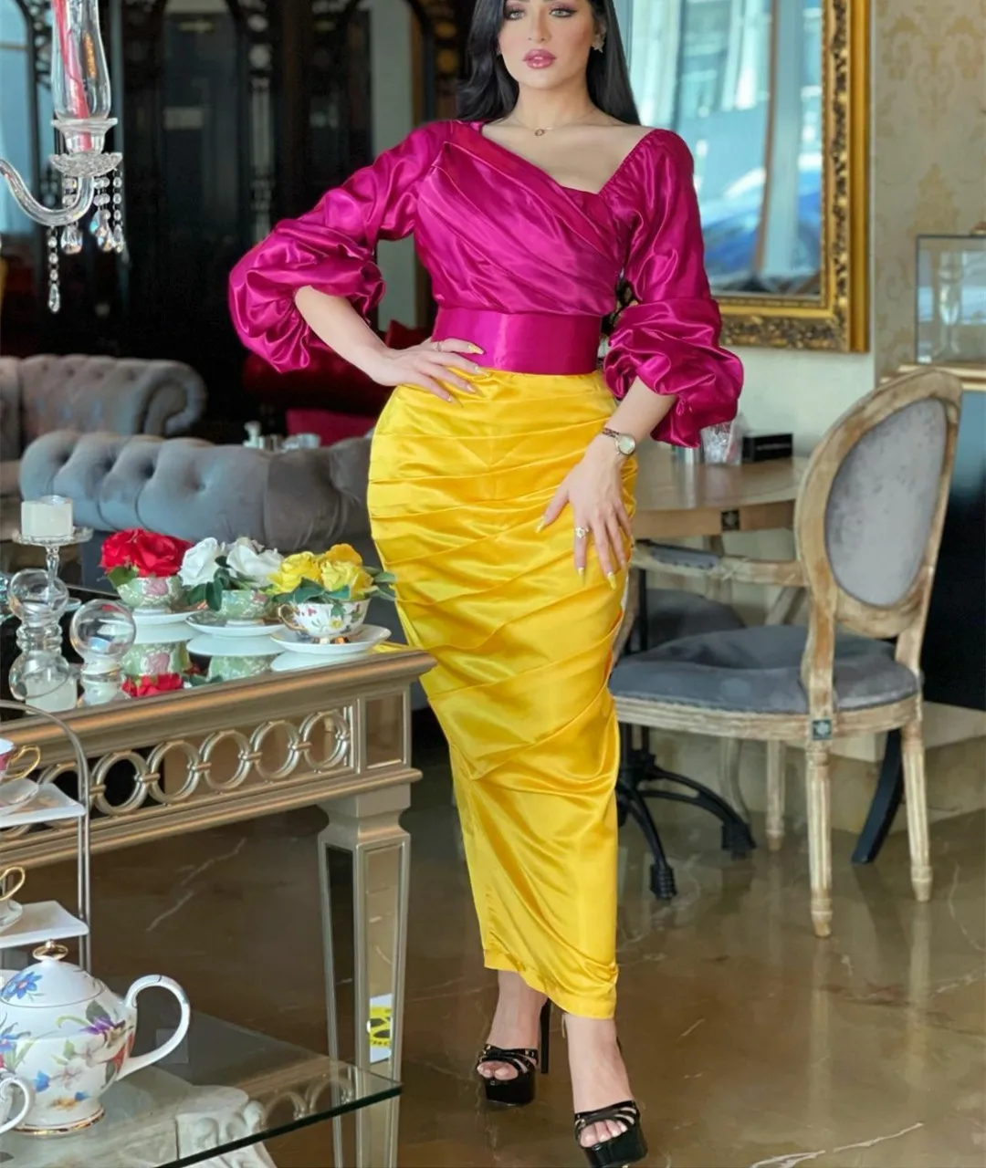 

Classic Satin Evening Desses with Puffy Sleeves فساتين السهرة Sheath Long Party Dresses for Musilm vestidos de fiesta elegantes