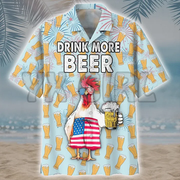 

Summer Shirts Chicken America Drink More Beer 3D All Over Printed Hawaiian Shirt Men's For Women's Harajuku Casual Shirt Unisex