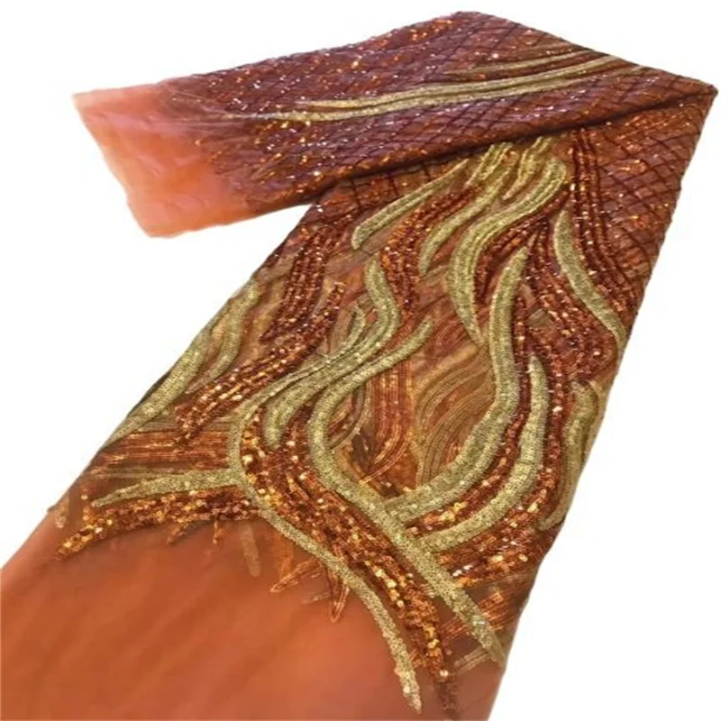 

Оранжевая/Золотая новейшая африканская кружевная ткань с вышивкой 5 ярдов Высококачественный нигерийский Женский Свадебный Французский Тюль Asoebi кружевной материал