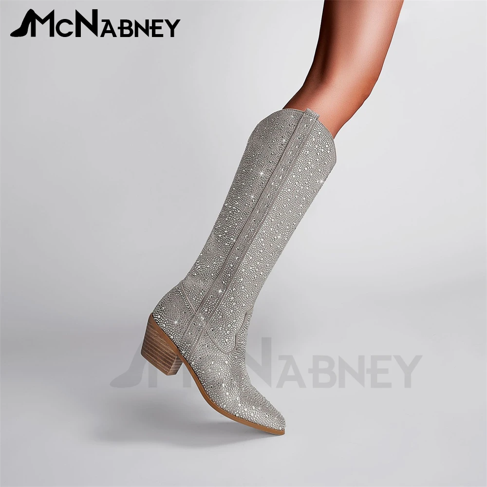 Rhinestone Western Cowboy Knee Boots Pointed Toe Wedge Boots for Women Fashion Luxury Style High Heels Bling Bling Slip On Boots