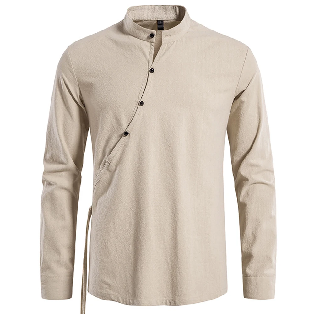 

European Fashion Polo Shirt Man Oblique Placket Long Sleeve Men's Top Tees Khaki Retro Summer Spring T Shirts For Man Clothing