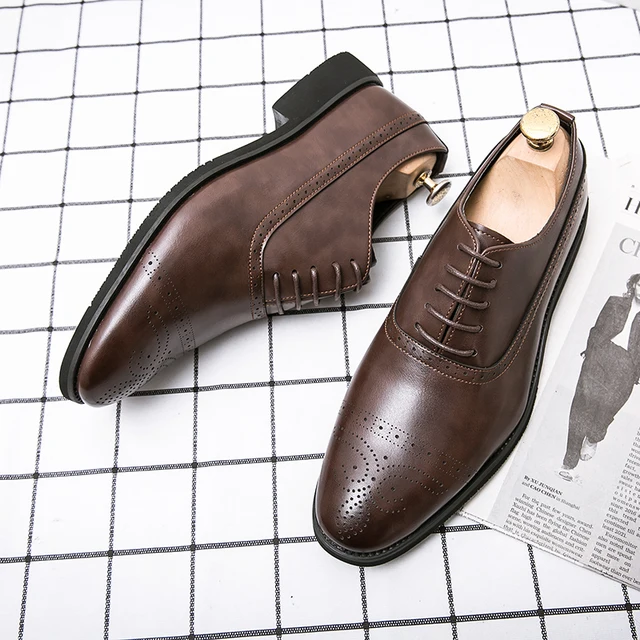 Oxfords Shoes for Men Brown Black Business Lace-up Pu Office Brogue Dress Shoes Zapatos De Vestir Hombre 6