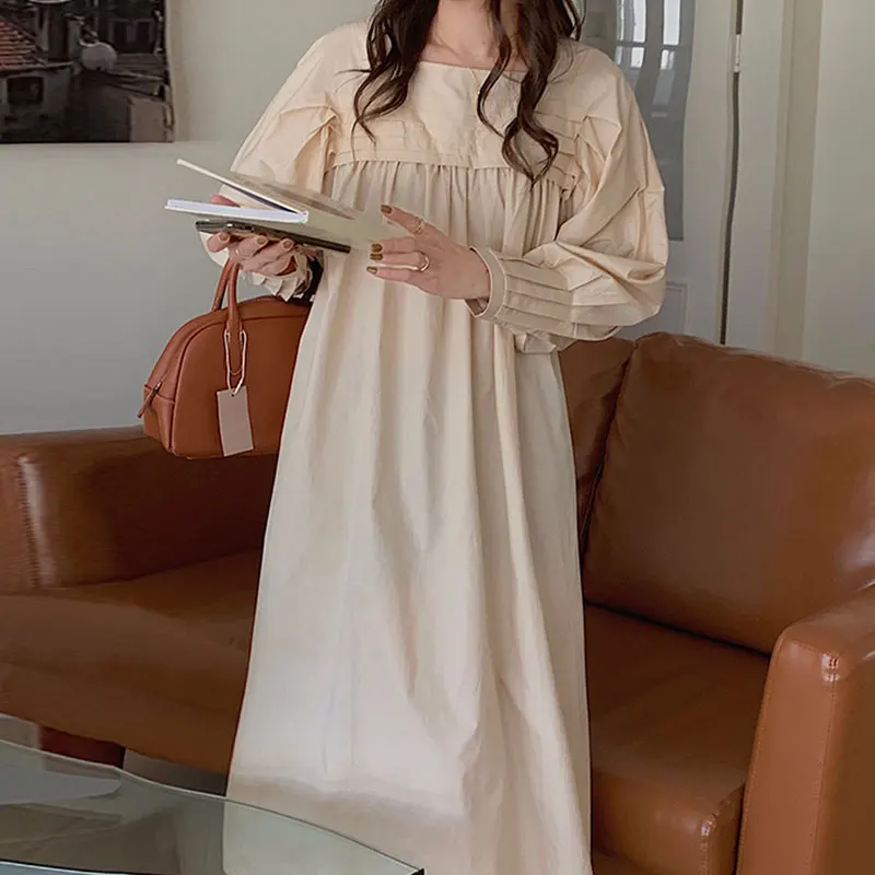 

Корейское осеннее новое простое плиссированное платье VANOVICH с квадратным воротником, женское свободное повседневное однотонное платье с ру...