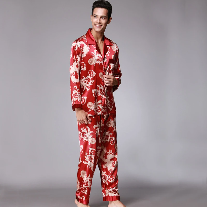 SAMWESTART Printed Wedding Mens Pajamas Satin Silk Nightgown Sleepwear Spring Autumn Male Full Sleeves Pants Pajama Set