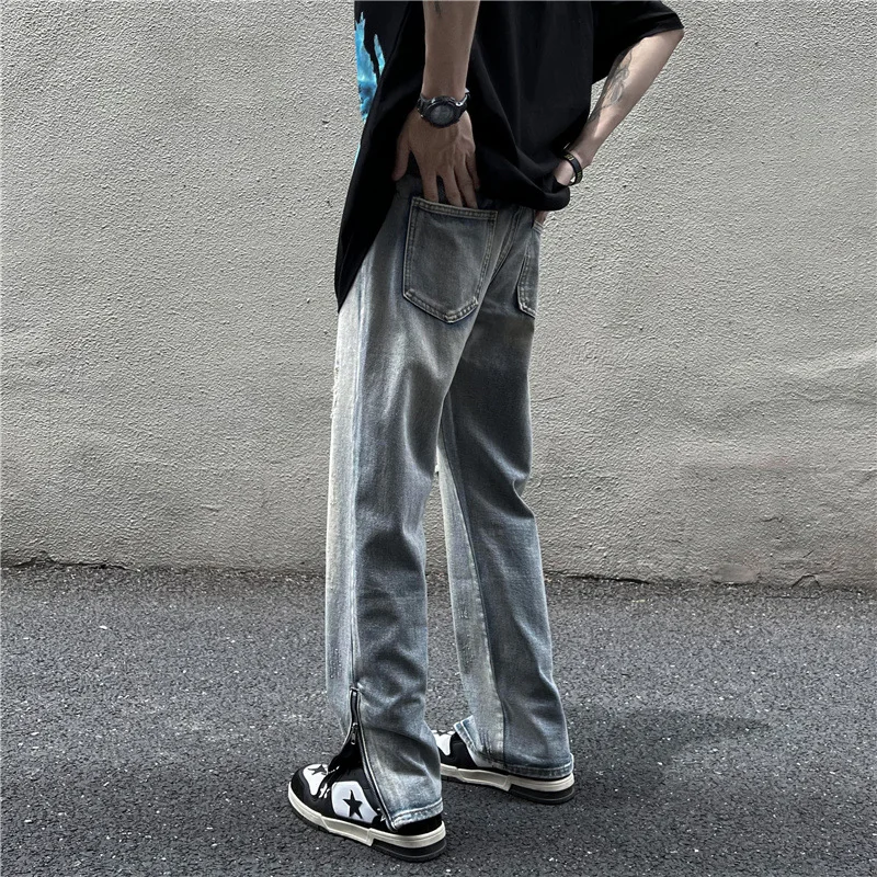 jeans for men Four Seasons Korean Fashion Half Zipper Split Trousers Hip Hop Straight Wide Leg Casual Pants  Blue Baggy Jeans