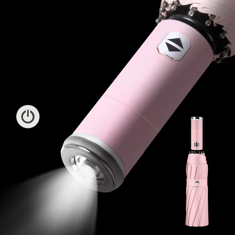 

New Auto Open Close Light-emitting Rotary Adjustment LED Umbrella 12-bones Three-folding Automatic Business Umbrella with Light.