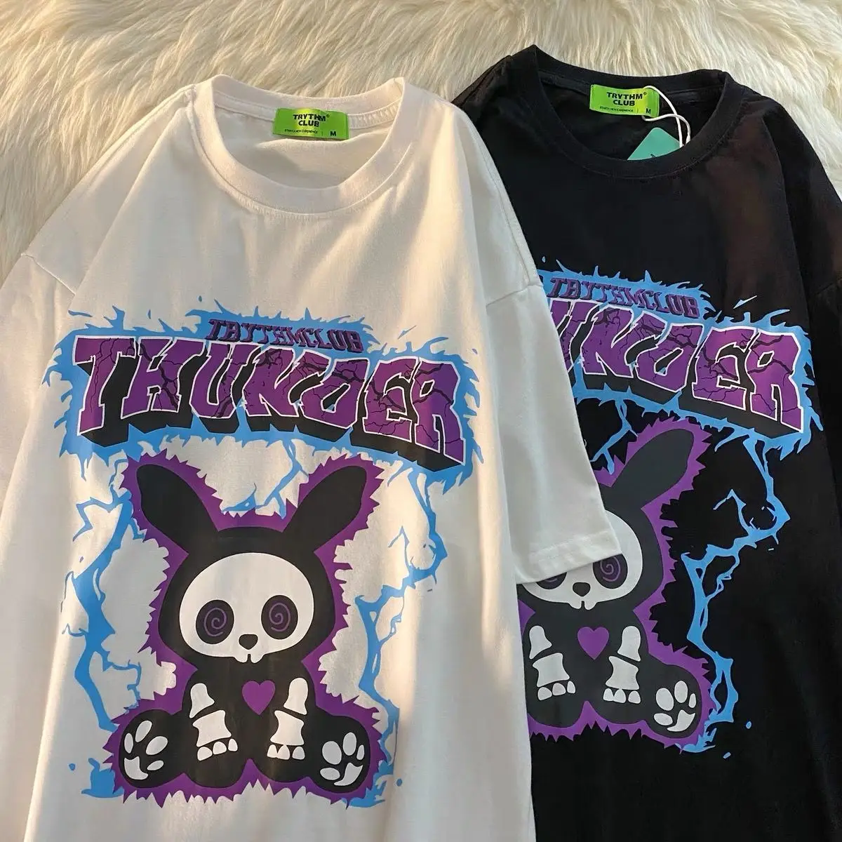 

Lightning Skull Mouse Print Casual Harajuku Gothic Women's T-shirt Unisex Short Sleeve Anime oversized T-shirt Womens Street Top