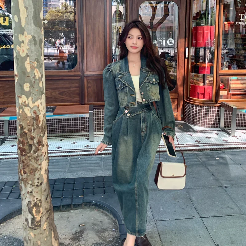Модный повседневный комплект женской одежды осень 2024 новая винтажная джинсовая